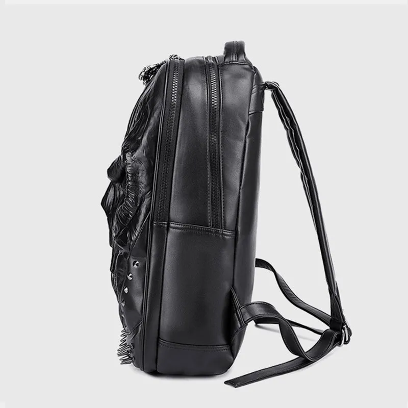 3D Skull Punk Rivet Leather Backpack Waterproof Embossed Ghost Head Knapsack