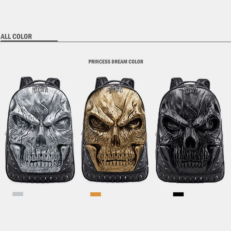3D Skull Punk Rivet Leather Backpack Waterproof Embossed Ghost Head Knapsack