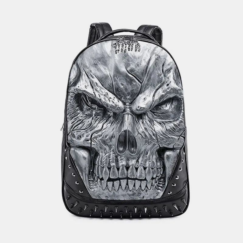 3D Skull Punk Rivet Leather Backpack Waterproof Embossed Ghost Head Knapsack