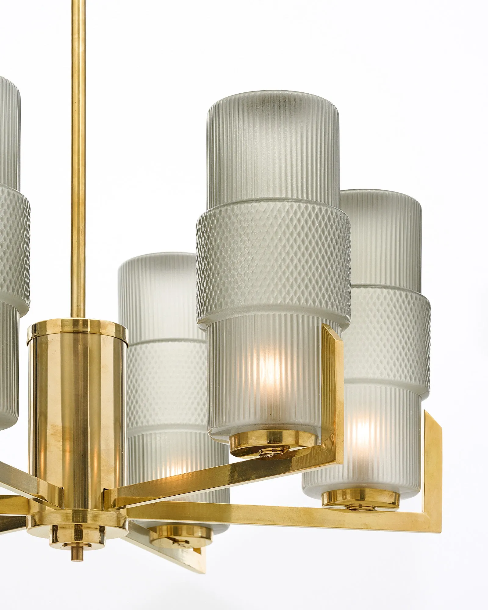 6 Arm Brass and Glass Modernist Chandelier