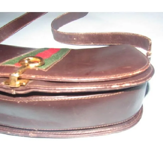 Gucci Horsebit W Hinged Clasp Sherry Stripe Brown Leather Shoulder Bag