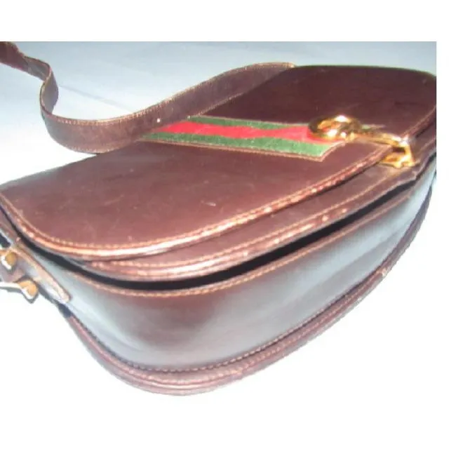 Gucci Horsebit W Hinged Clasp Sherry Stripe Brown Leather Shoulder Bag