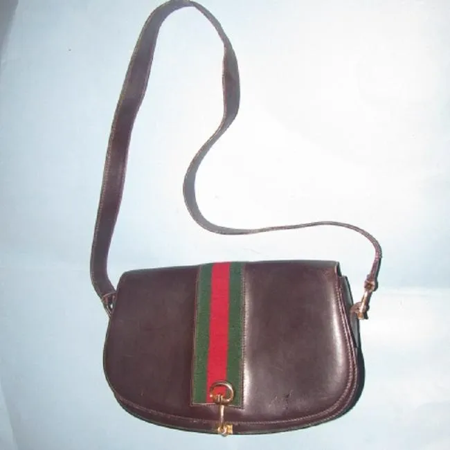 Gucci Horsebit W Hinged Clasp Sherry Stripe Brown Leather Shoulder Bag