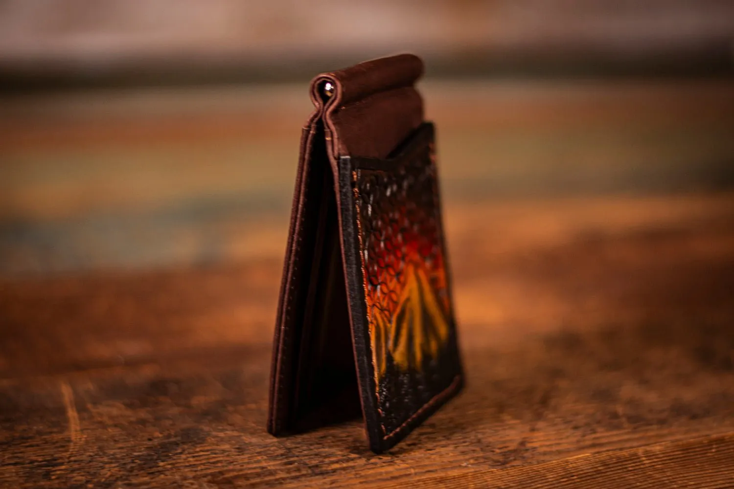 Handcrafted Full Grain Leather Money Clip Wallet - Mountain and Sacred Geometry Design - Minimalist Wallet with Card Slots and ID Holder