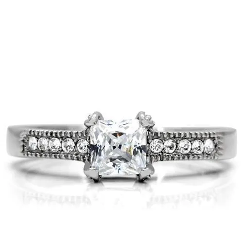 High polished (no plating) Stainless Steel Ring with AAA Grade CZ in Clear for Women Style TK199
