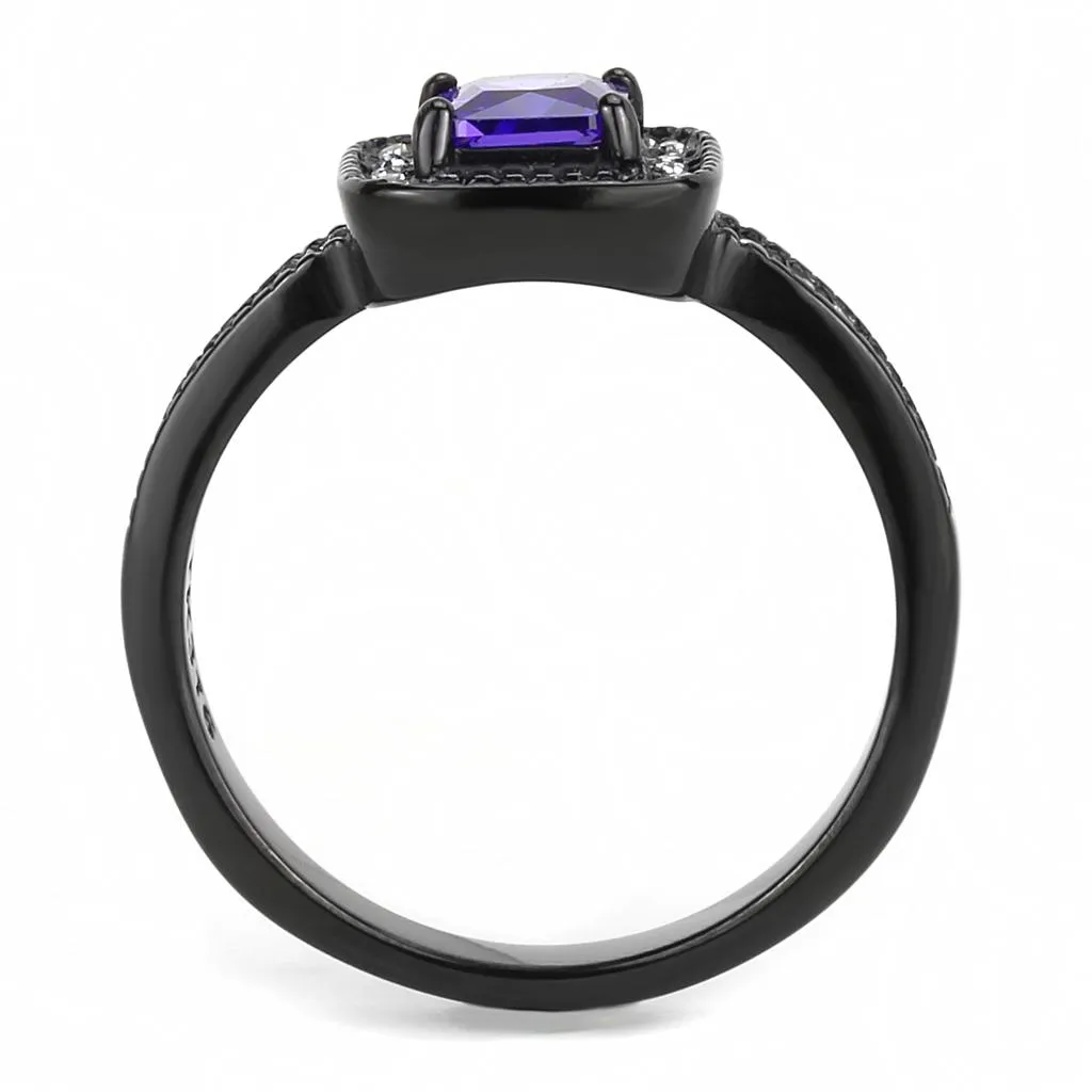 IP Black(Ion Plating) Stainless Steel Ring with AAA Grade CZ in Tanzanite for Women Style TK3450