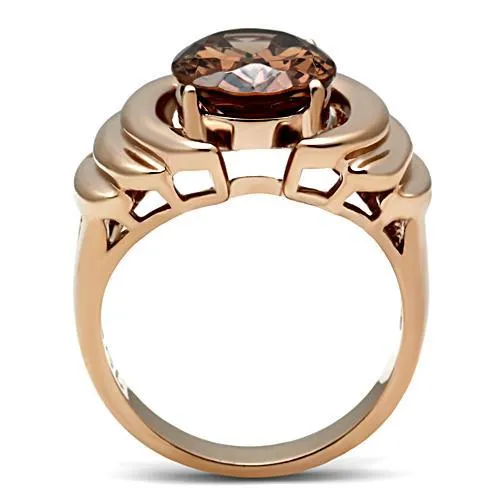 IP Rose Gold(Ion Plating) Brass Ring with AAA Grade CZ in Brown for Women Style GL242