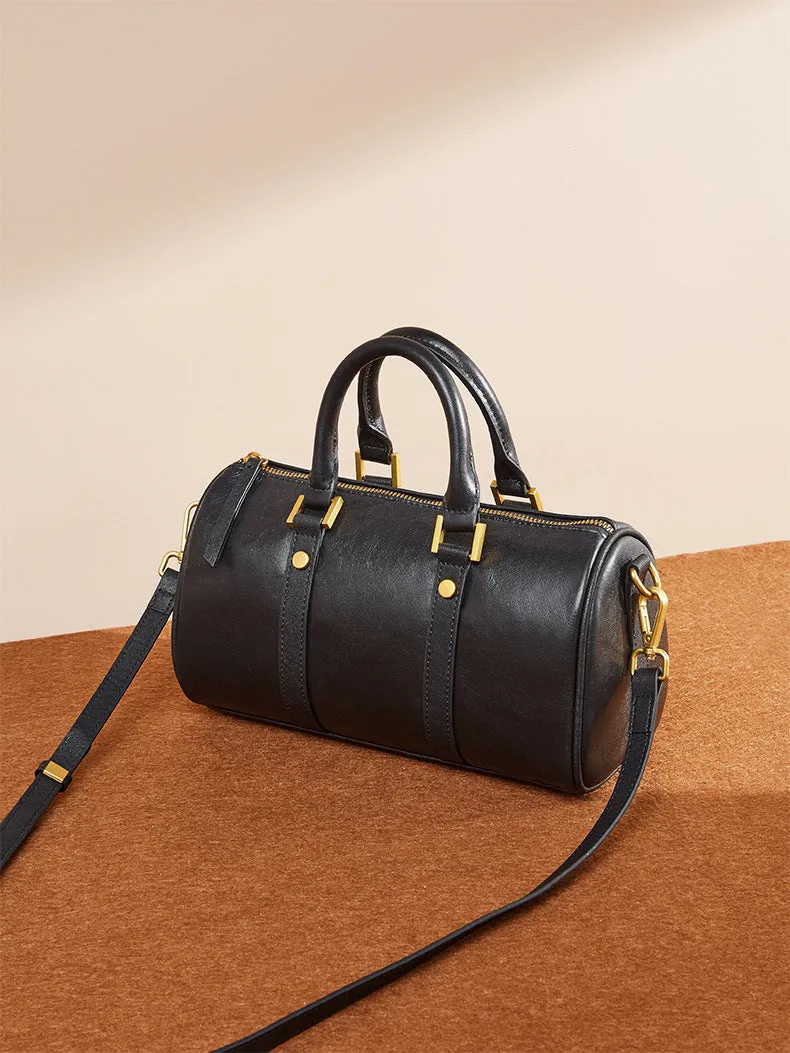 Real leather Boston vegetable tanned cowhide crossbody women's bag 2893 black