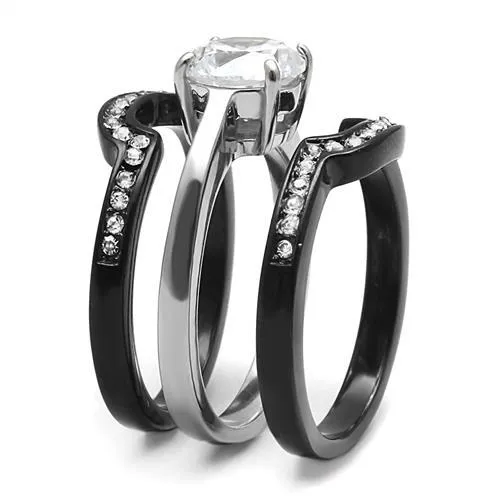 Two-Tone IP Black (Ion Plating) Stainless Steel Ring with AAA Grade CZ in Clear for Women Style TK3214