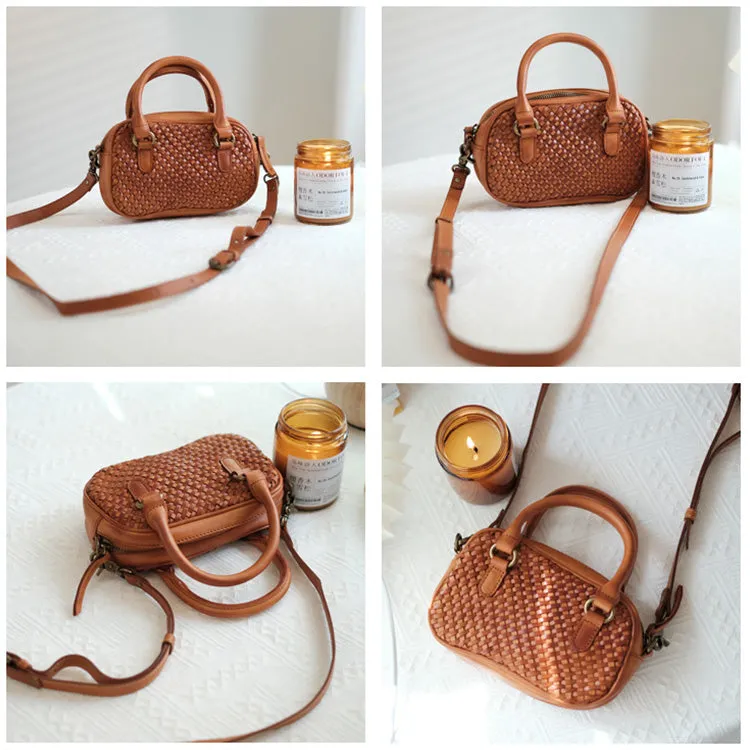 Womens Woven Brown Leather Shoulder Bag Brown Leather Crossbody Bag